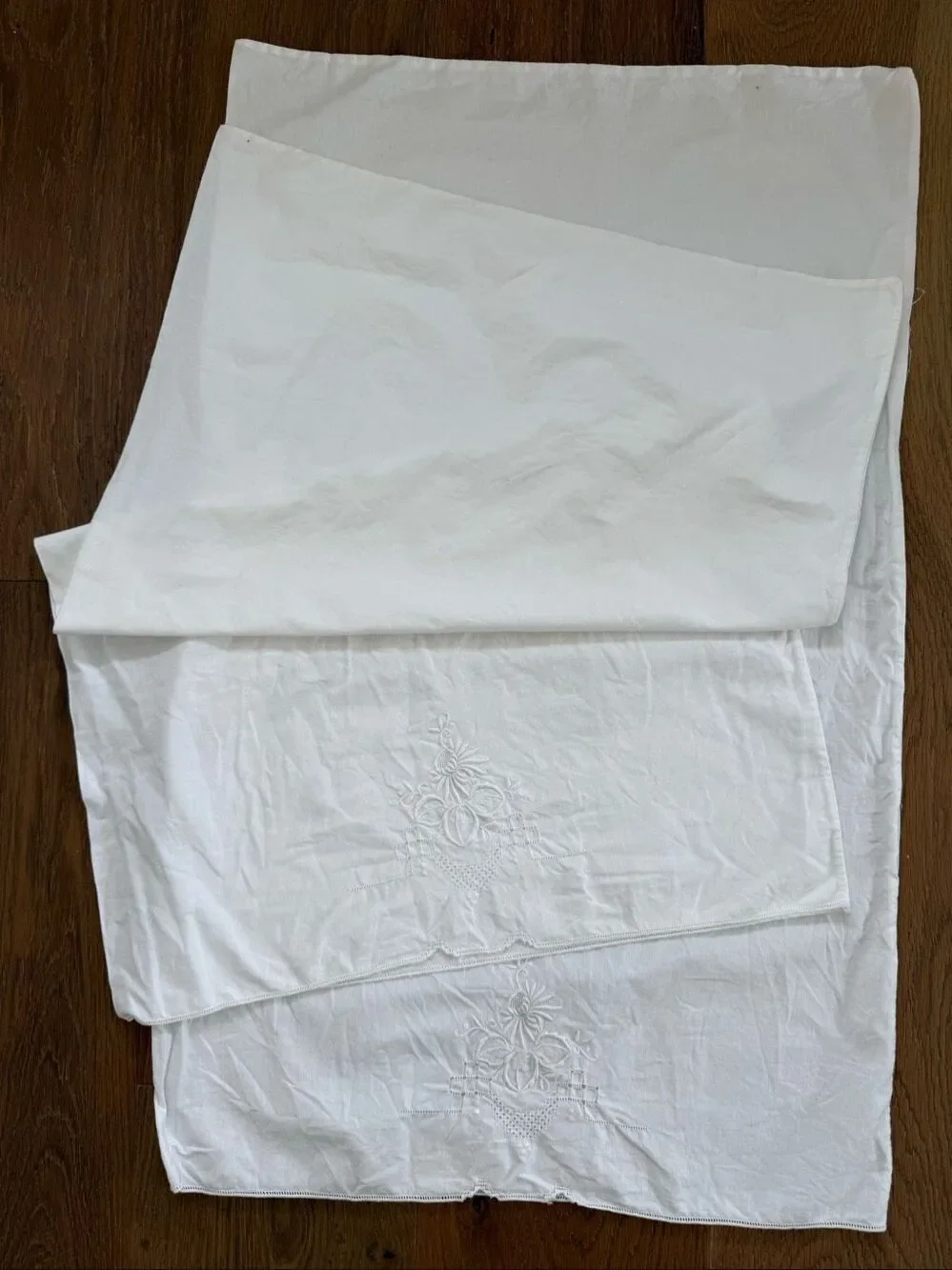 2 Vintage Queen Size Pillowcases Tonal Embroidered Floral Hemstitch Edge